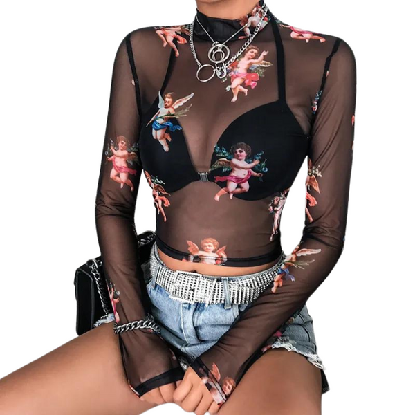 Blue Long Sleeves Floral Cherub Mesh Long Sleeve Crop Top by Queer In The World: The Shop sold by Queer In The World: The Shop - LGBT Merch Fashion