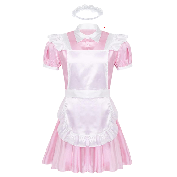 Mens French Maid Sissy Dress with Apron Set, Pink / M
