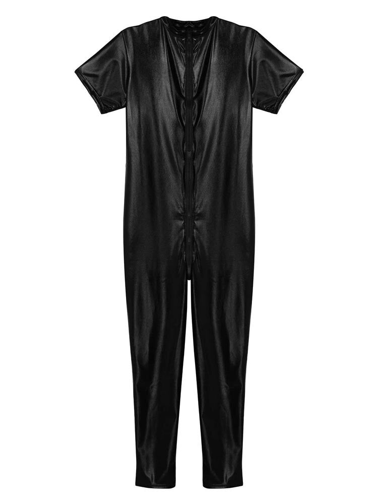 Men's Black Leather Jumpsuit BDSM Bodysuit