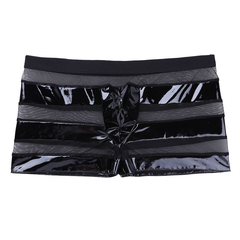 Faux Leather Zipper Boxer Shorts, Black Wetlook Zip Fitted