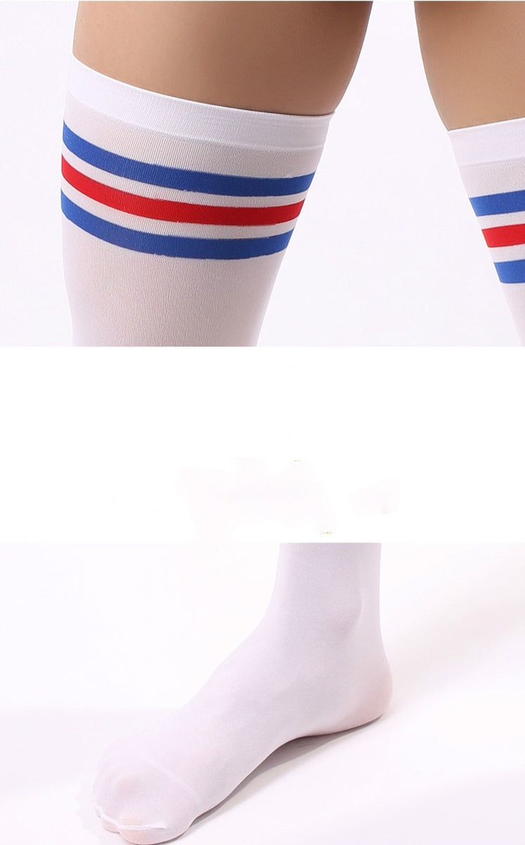 Red/Blue Striped White Tube Sports Socks