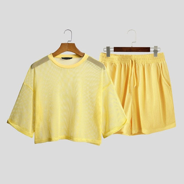 Yellow Solid Colour Mesh Crop Top + Shorts  (2 Piece Outfit) by Queer In The World sold by Queer In The World: The Shop - LGBT Merch Fashion