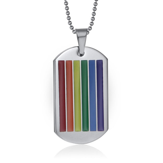 Gay Pride Dog Tag Necklace, Silver Flag