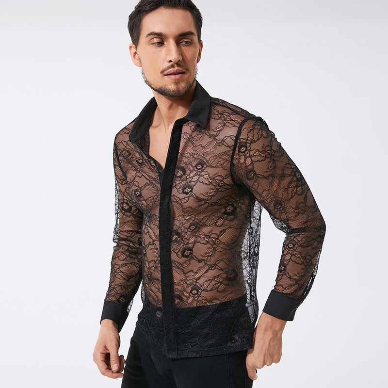 Men Sheer Lace 2-Piece Outfits Sexy Long Sleeve Button Down Shirts