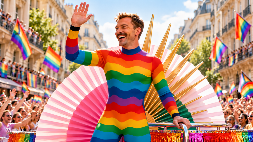 Man in a wavy rainbow bodysuit waving from a Pride parade float, with rainbow flags and a large pink fan behind him.