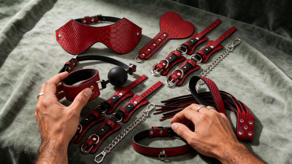Hands arranging red snakeskin-pattern BDSM cuffs, a blindfold, heart-shaped paddle and flogger on sage-green velvet.