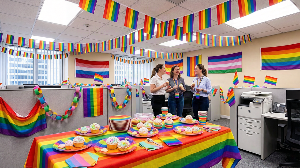 Office decorated with rainbow bunting, Pride flags and a colourful party table while three colleagues chat beside the cubicles.