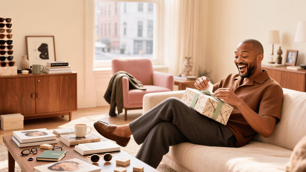 Smiling man opening a gift at home for Queer In The World gay gifts guide