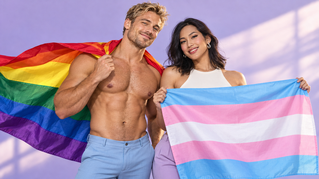 Man with a rainbow Pride flag over his shoulders beside a woman holding a transgender Pride flag against a lavender background.
