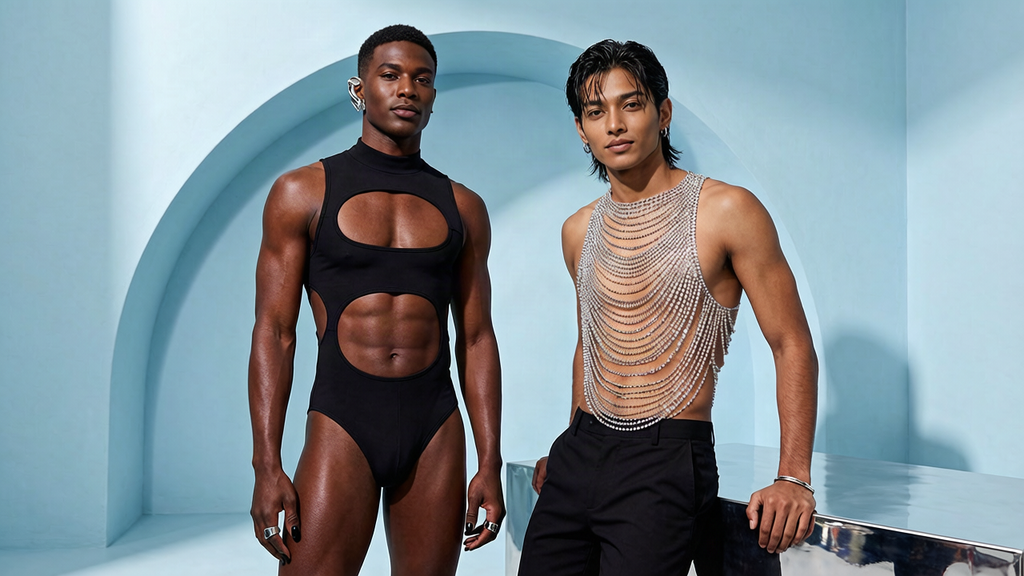 Two male models wearing a black cut-out bodysuit and a draped silver chain harness with black trousers in a powder-blue studio.