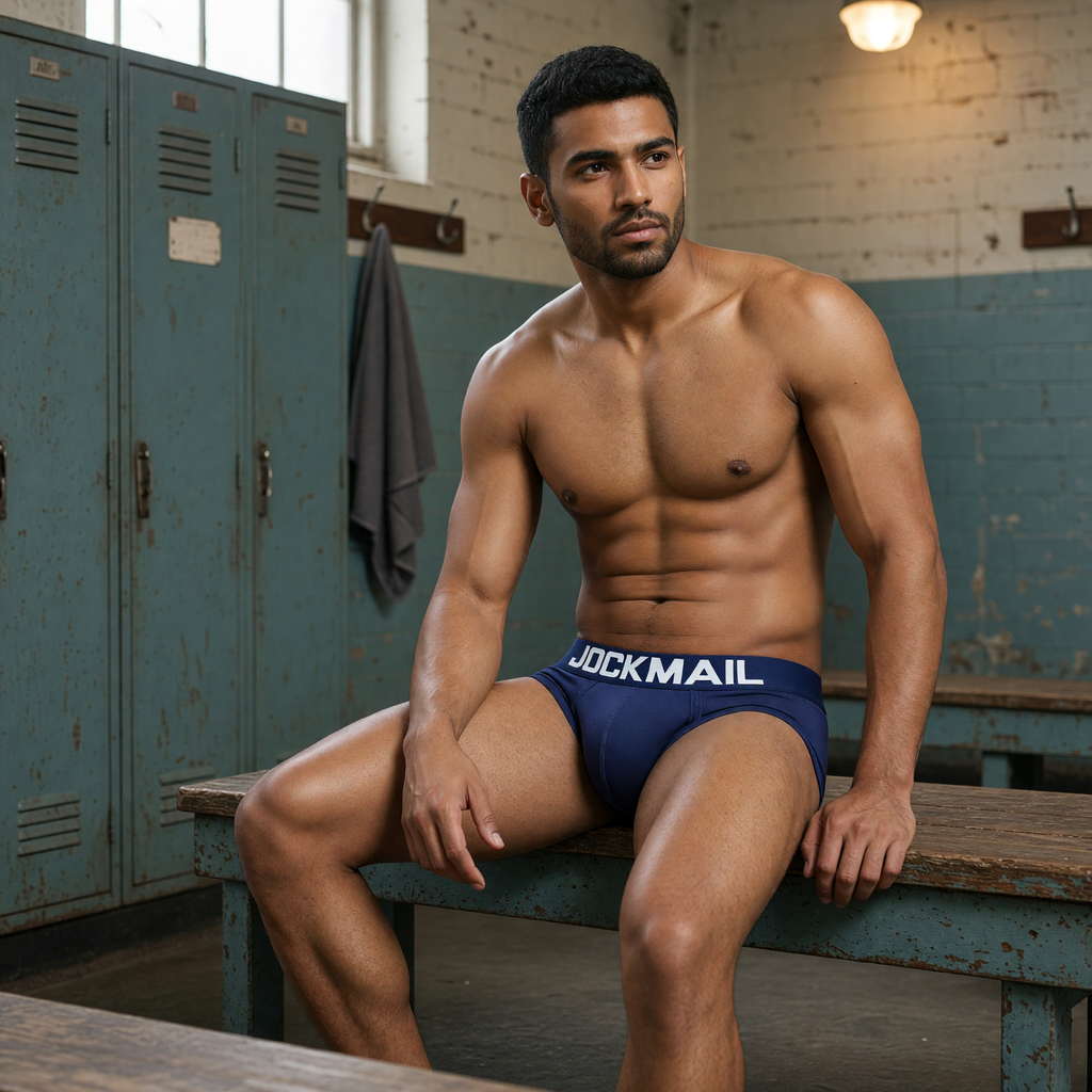 Jockmail Classic Briefs in Navy with white JOCKMAIL lettering on an adult model — AI-generated campaign image
