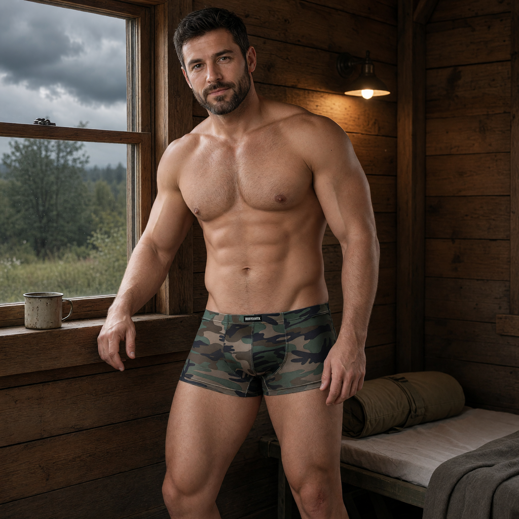 Adult model wearing Military Camouflage Boxers in an indoor lifestyle setting
