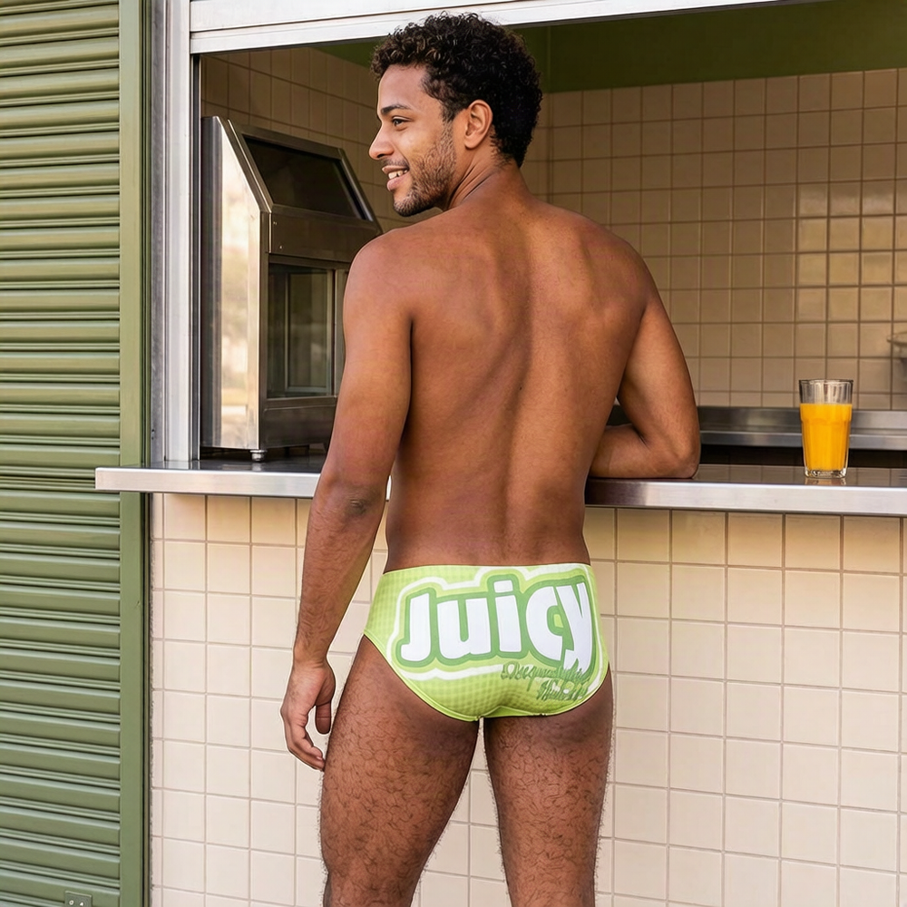 Adult model wearing Fun Statement Briefs, Lime green JUICY variant, in an athletic-club campaign.