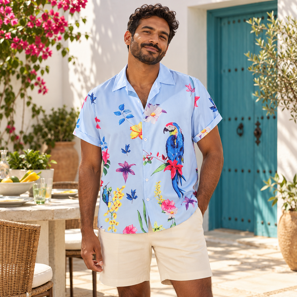 Tropical Bird Short Sleeve Printed Shirt — Single design; square product editorial.