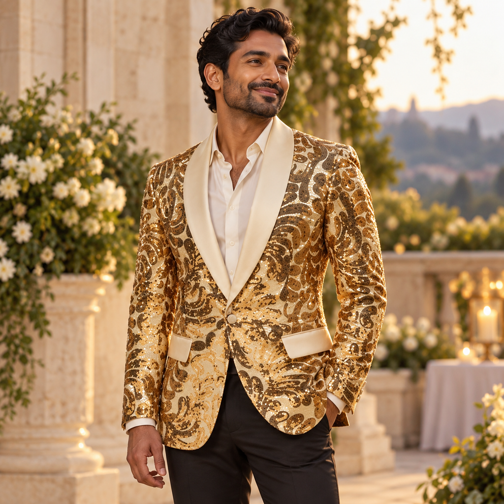 Elegant Floral Sequins Blazer — Gold; square product editorial.