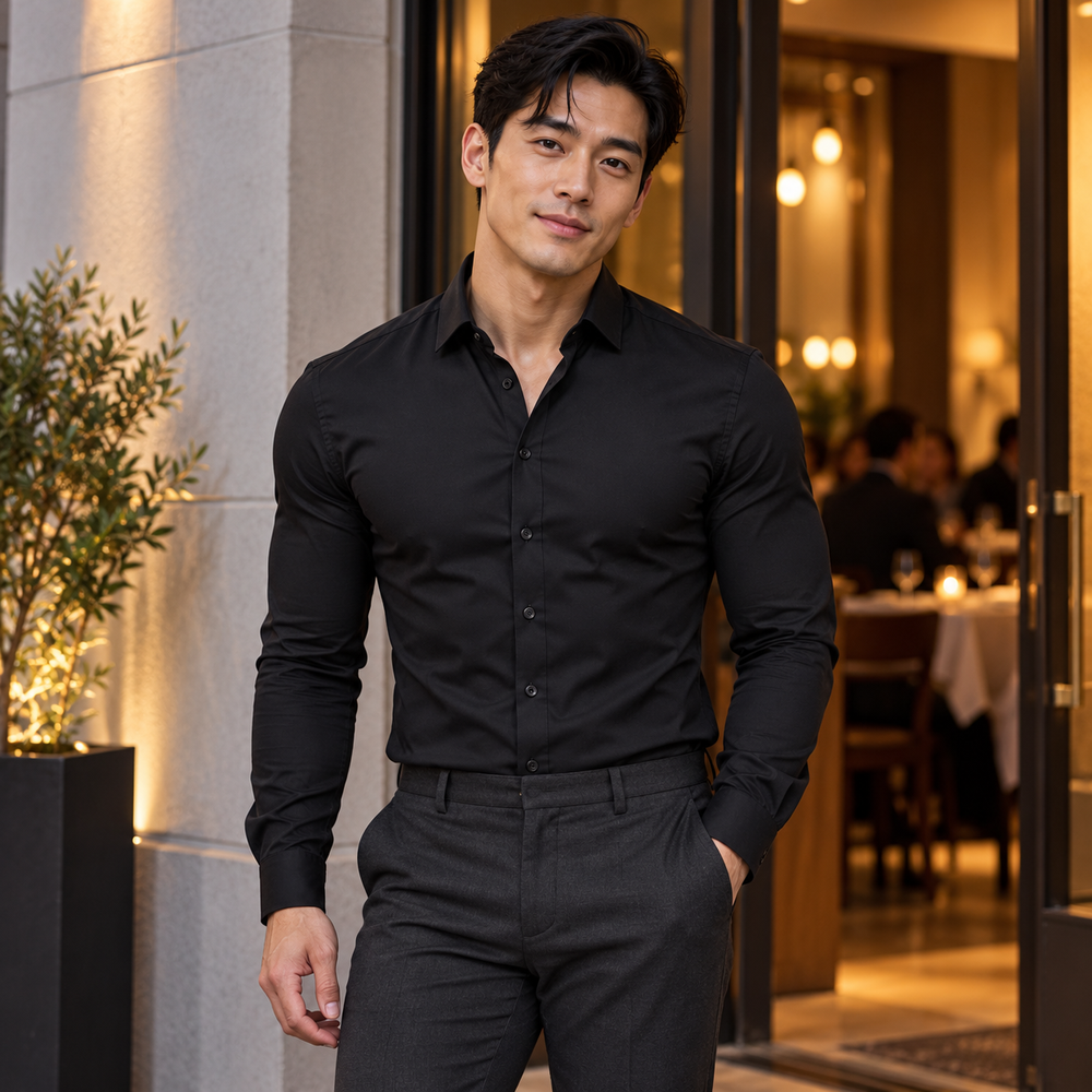 Buff Long Sleeve Tight Shirt — Black; square product editorial.