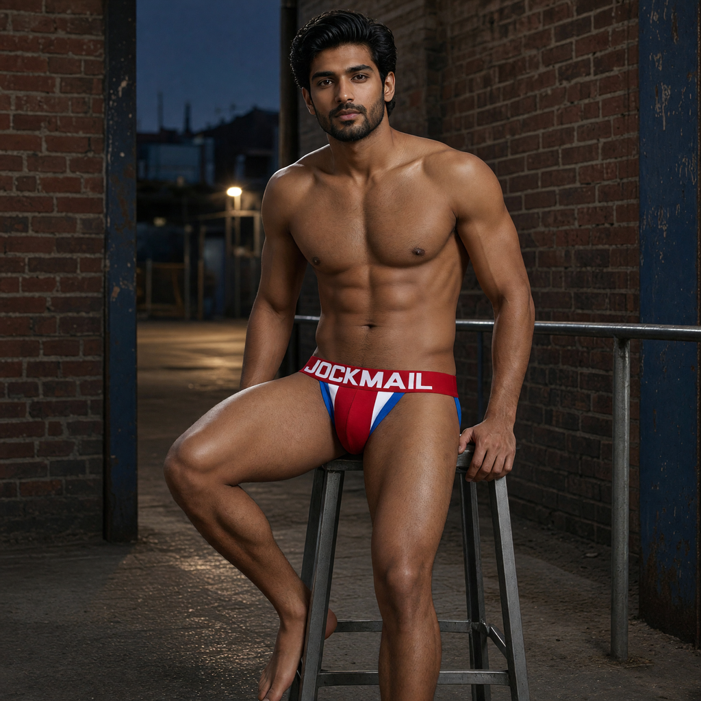 Jockmail "Union Jack" Jockstrap in Red with white and blue panels on an adult model — AI-generated campaign image