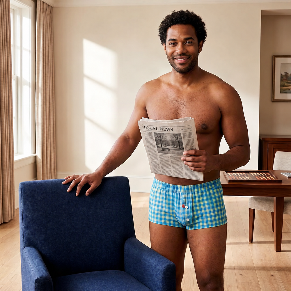 Adult model wearing SEOBEAN Bold Wear Distressed Boxer Briefs, Blue and lime-yellow gingham, in an athletic-club campaign.