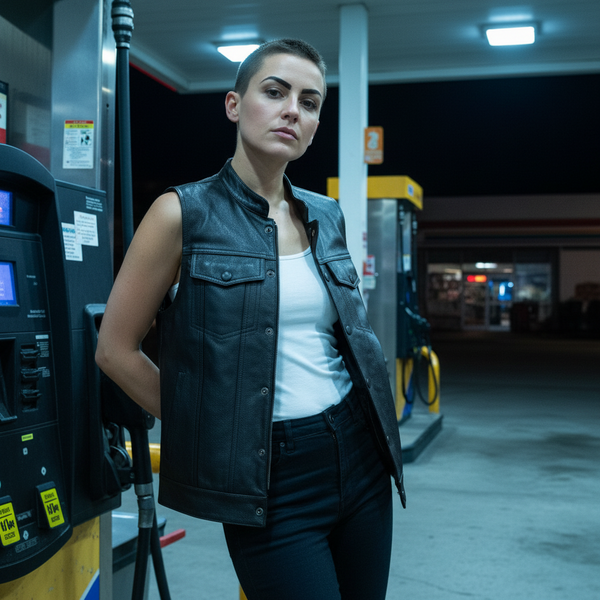 Model wearing an open black leather biker vest over a white top at a gas station