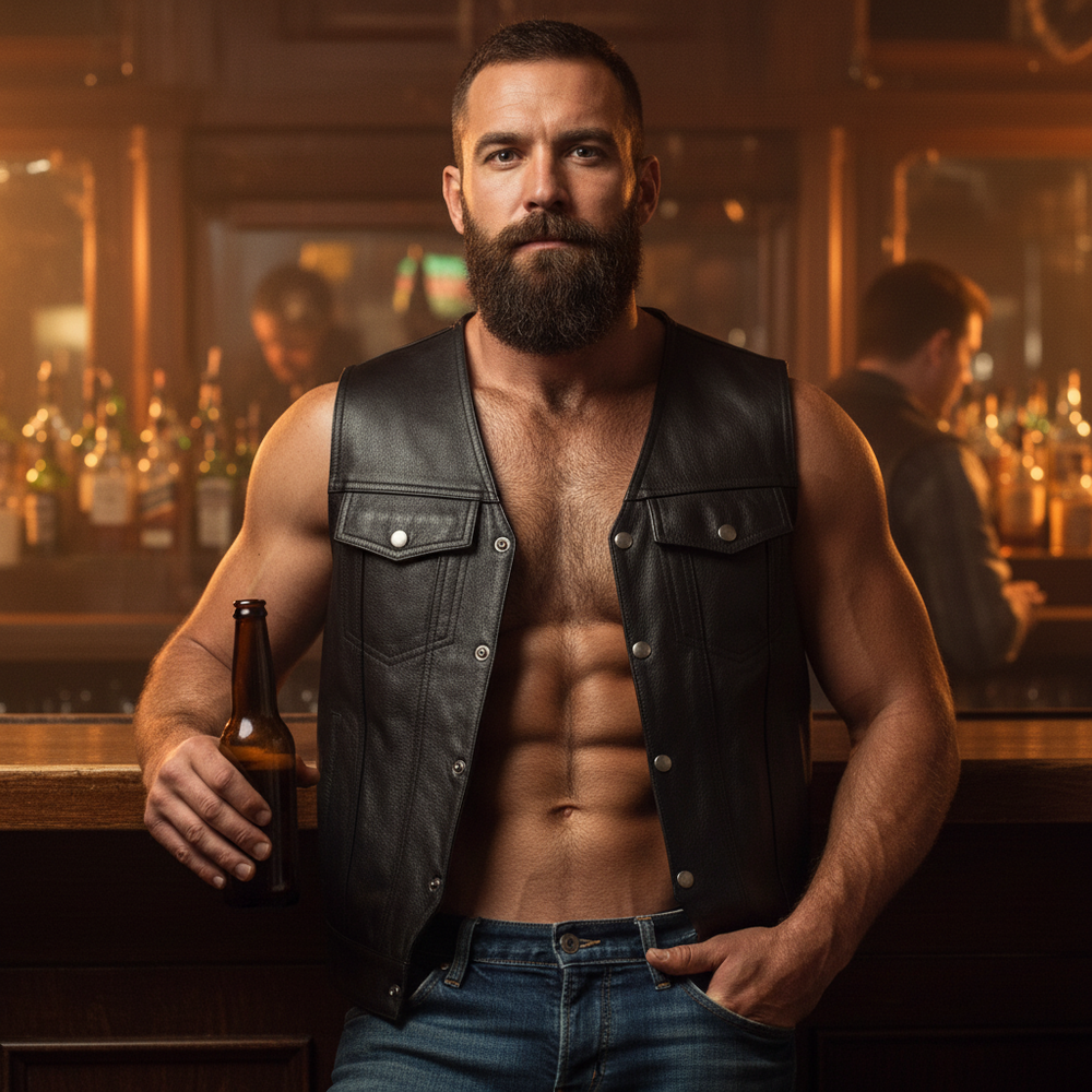 Bearded person modeling an open black leather biker vest at a warmly lit bar
