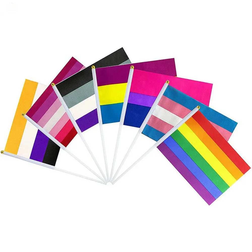 Fan of handheld LGBT pride flags with rainbow and multiple identity flag designs