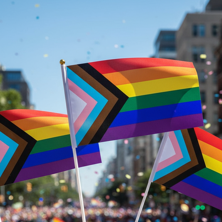 Three Progress Pride flags on white poles at a city celebration
