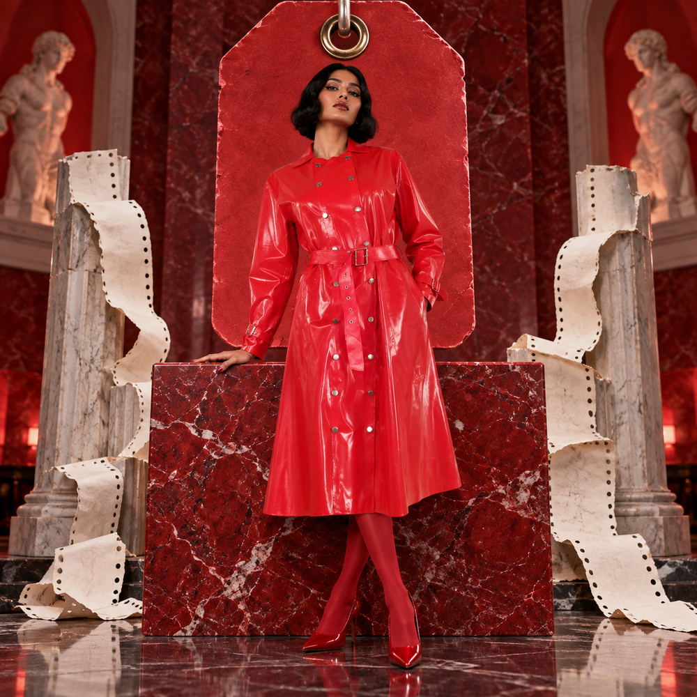 Adult performer in glossy red belted trench coat before a monumental scarlet coat-check ticket and marble columns. ARTPOP CHAOS v2 Avant-Garde Art Editorial.