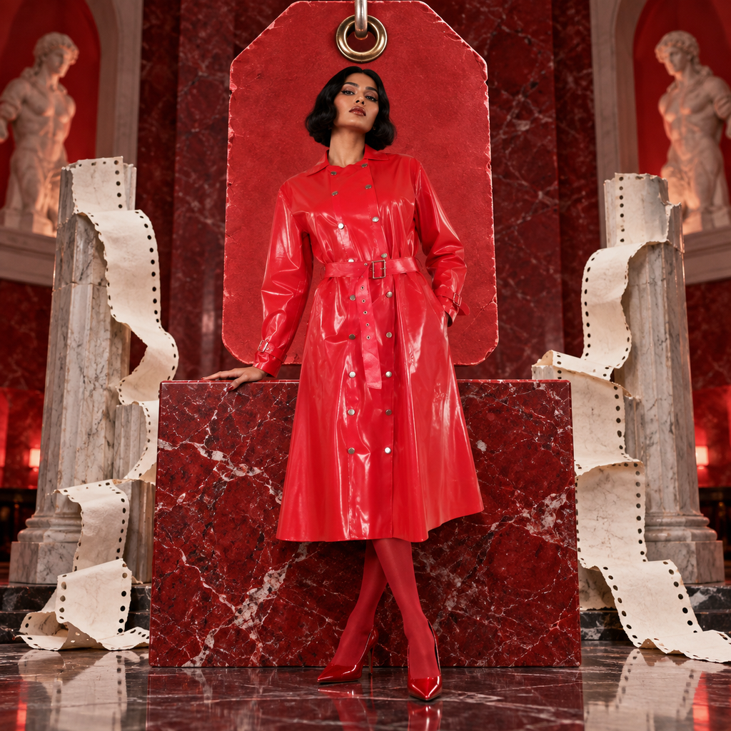 Adult performer in glossy red belted trench coat before a monumental scarlet coat-check ticket and marble columns. ARTPOP CHAOS v2 Avant-Garde Art Editorial.