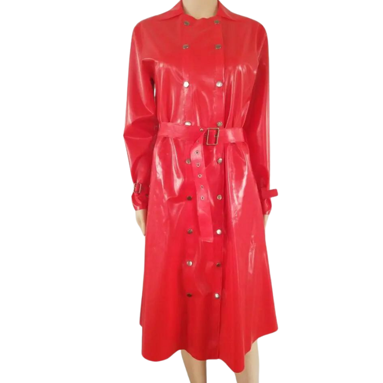 Front view of a mannequin wearing a glossy red latex trench coat with belt and snap buttons