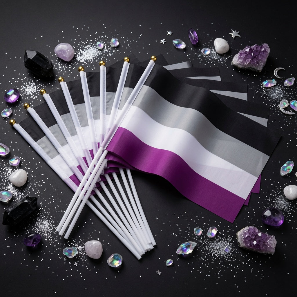 Fan of hand-held asexual pride flags with black, gray, white, and purple stripes