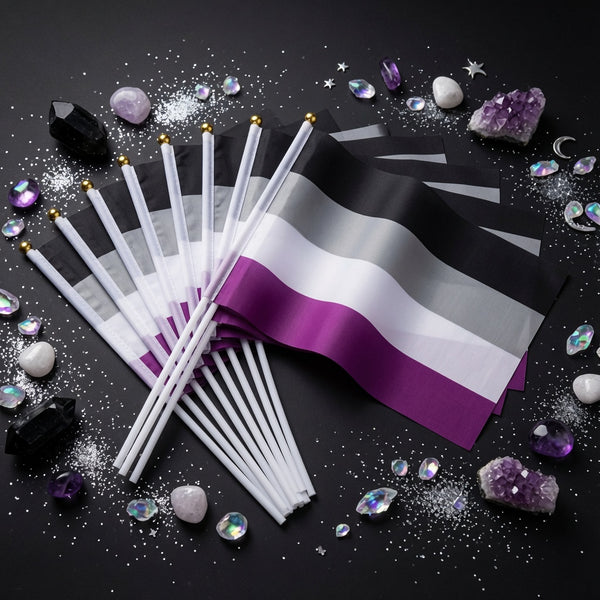 Fan of hand-held asexual pride flags with black, gray, white, and purple stripes