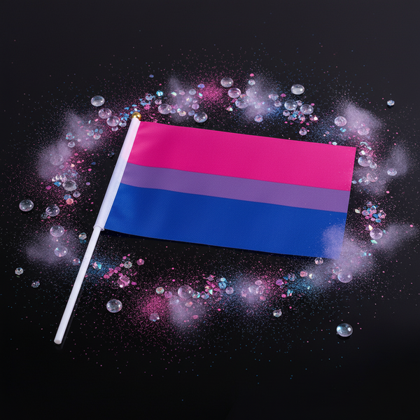 Hand-held bisexual Pride flag with pink, purple, and blue stripes on a glittering black background