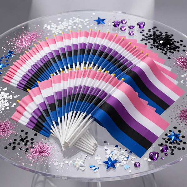 Fan of small genderfluid pride flags with pink, white, purple, black, and blue stripes