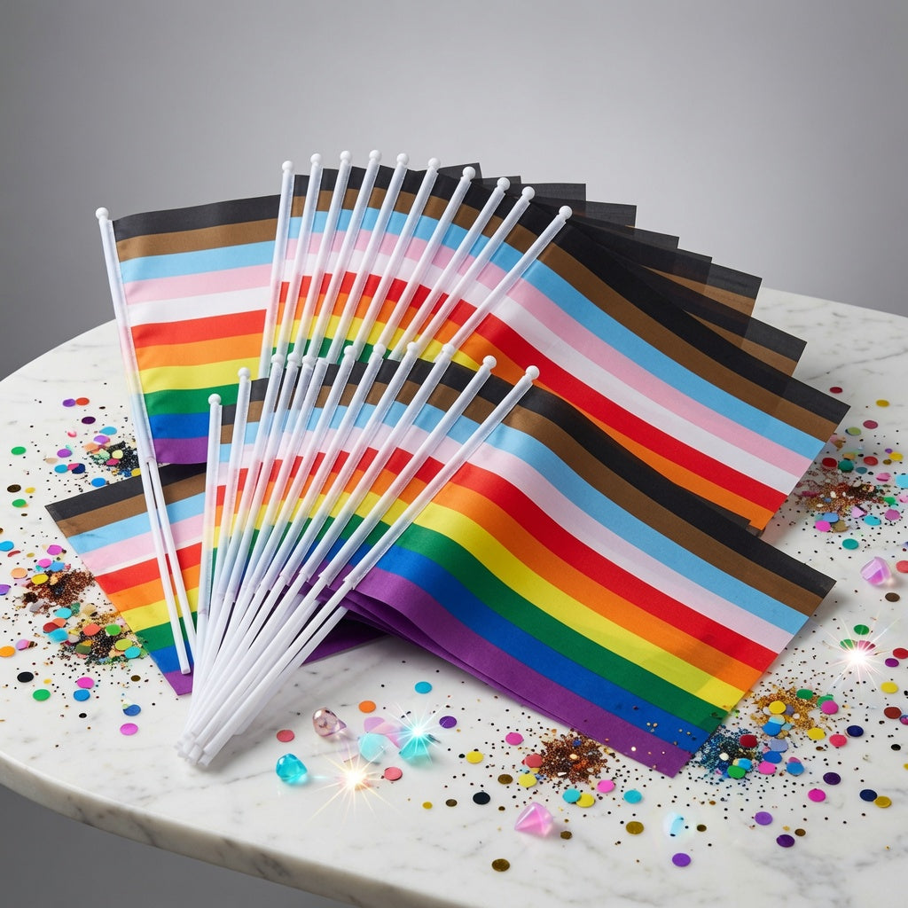 Fan of handheld inclusive Pride flags with rainbow and black-brown stripes on white sticks