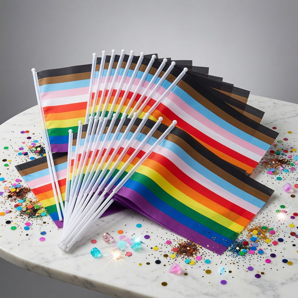 Fan of handheld inclusive Pride flags with rainbow and black-brown stripes on white sticks