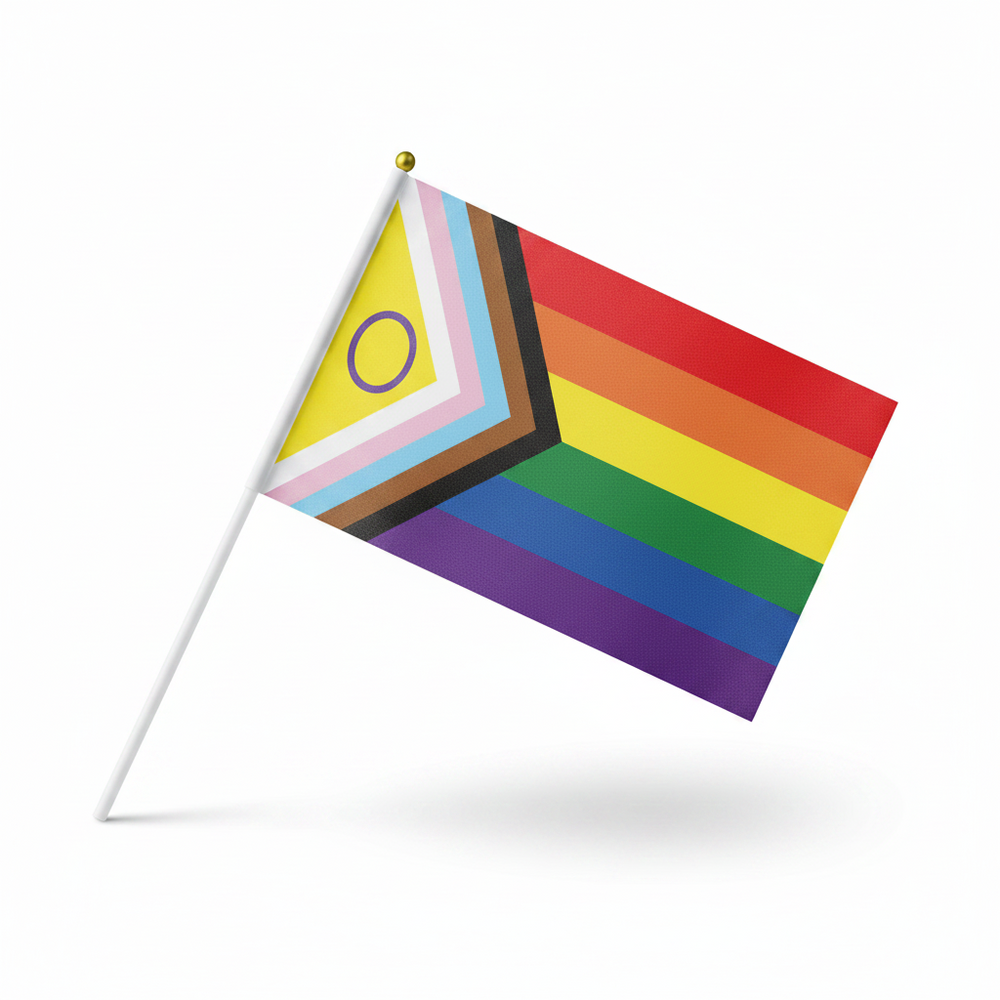 Hand-held intersex-inclusive Progress Pride flag angled on a white background