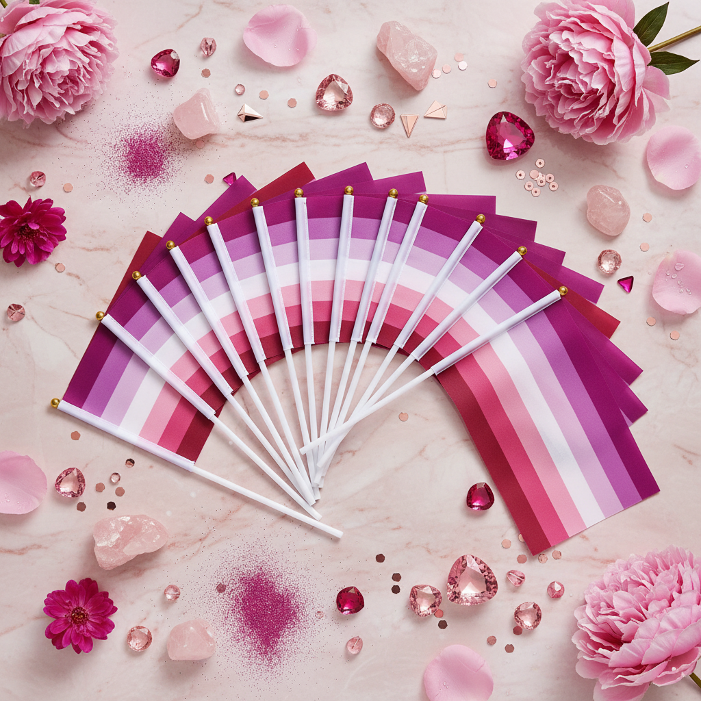 Fan of small lesbian pride flags with white handles on a pink floral backdrop