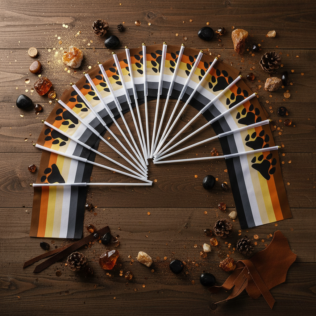 Fan of hand-held bear pride flags with white sticks on a rustic wood surface