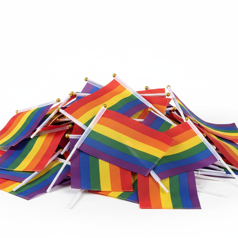 Pile of small rainbow LGBT Pride flags with white sticks and gold finials
