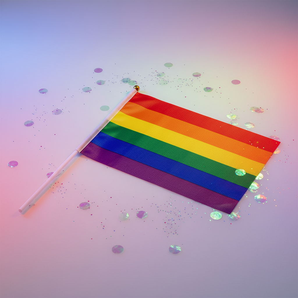 Close-up of a handheld rainbow Pride flag with a white stick on a confetti-strewn surface