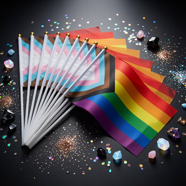 Fan of handheld Progress Pride and rainbow flags on white sticks, scattered with confetti