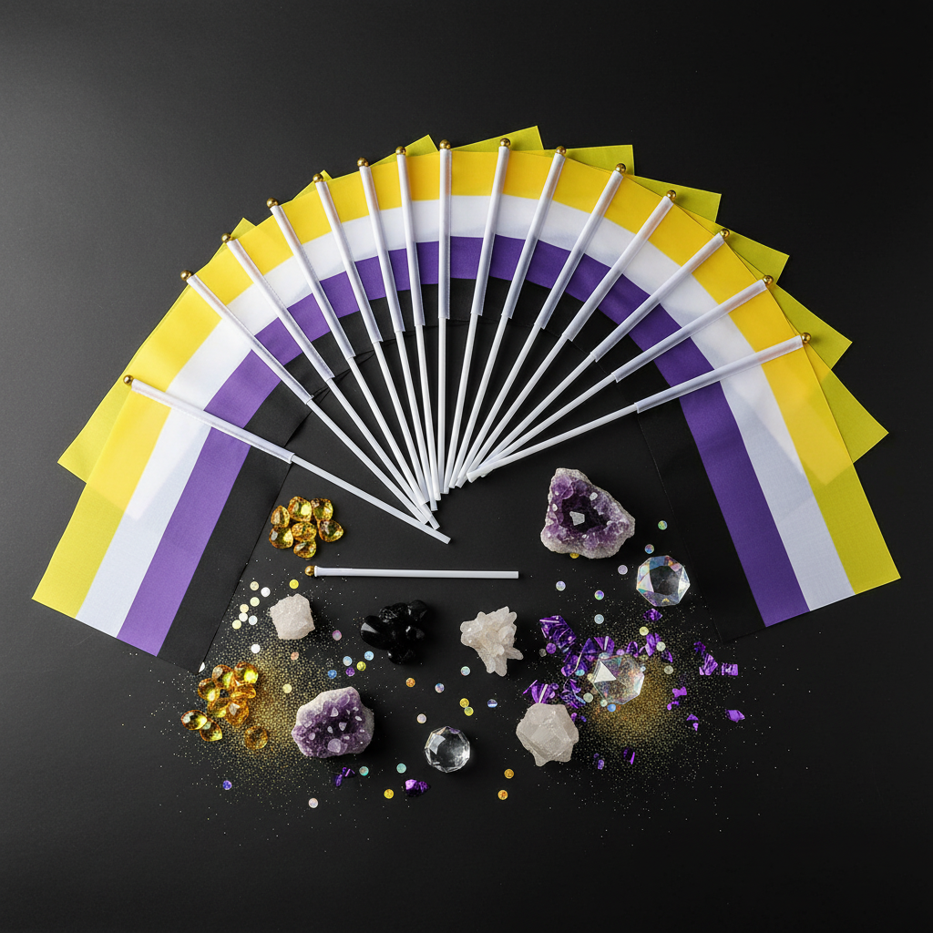 Fan of non-binary pride hand flags with gems and confetti on a black background