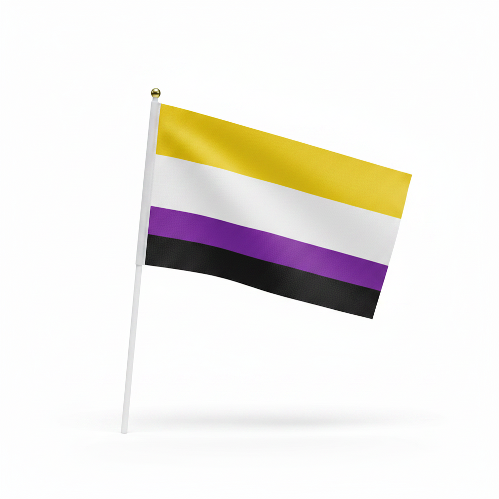 Non-binary pride flag on a white hand-held pole, shown waving at an angle