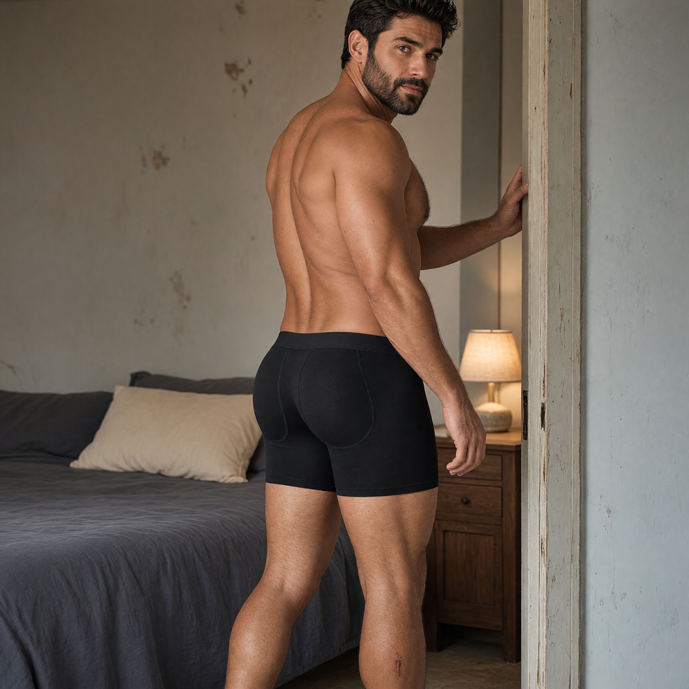 Adult model wearing Jockmail Enhanced Booty Boxers in an indoor lifestyle setting