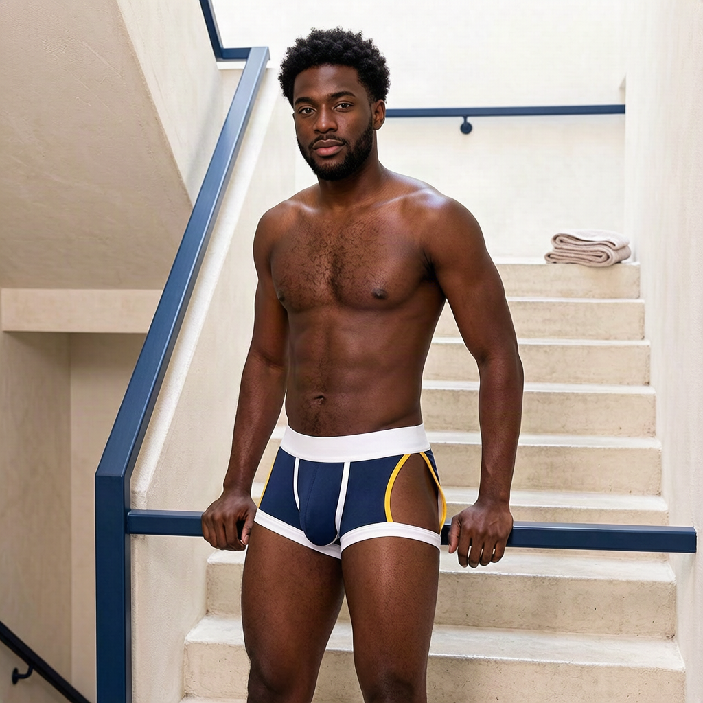 Adult model wearing SEOBEAN Cheeky Hollow Boxer Briefs, Navy with white bands and yellow piping, in an athletic-club campaign.