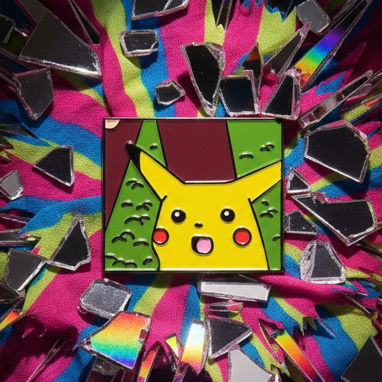 Close-up of a Pikachu enamel pin on bright rainbow fabric, surrounded by reflective broken pieces