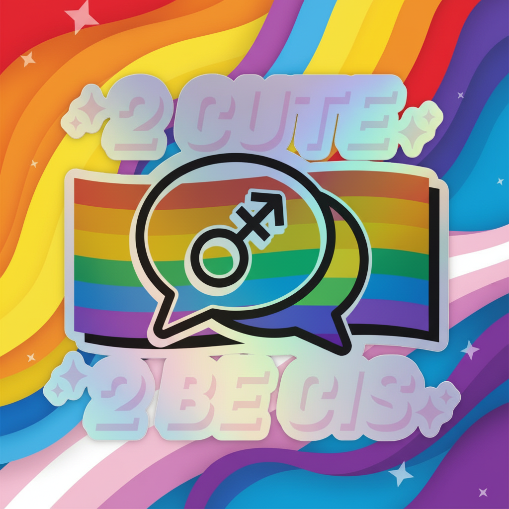 2 Cute 2 Be Cis holographic sticker with rainbow waves, a speech bubble with trans symbol
