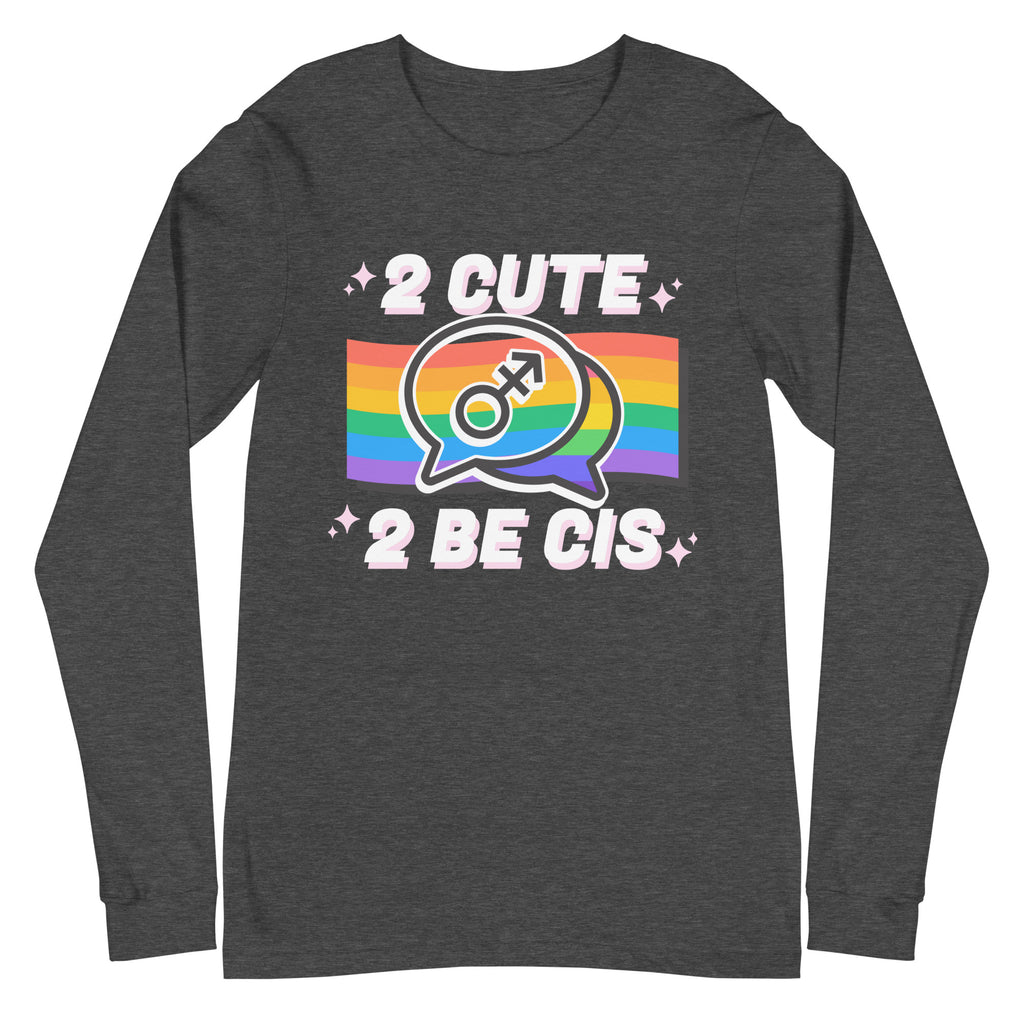 Unisex long sleeve tee with rainbow flag backdrop, chat bubbles with trans symbol