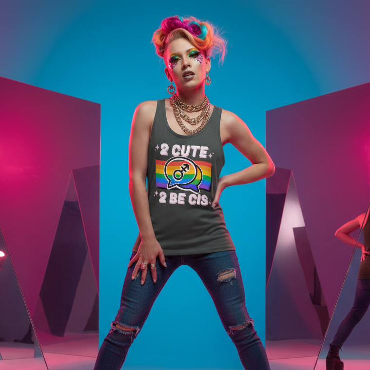 Model wearing a dark tank top reading “2 CUTE 2 BE CIS” with a rainbow speech bubble