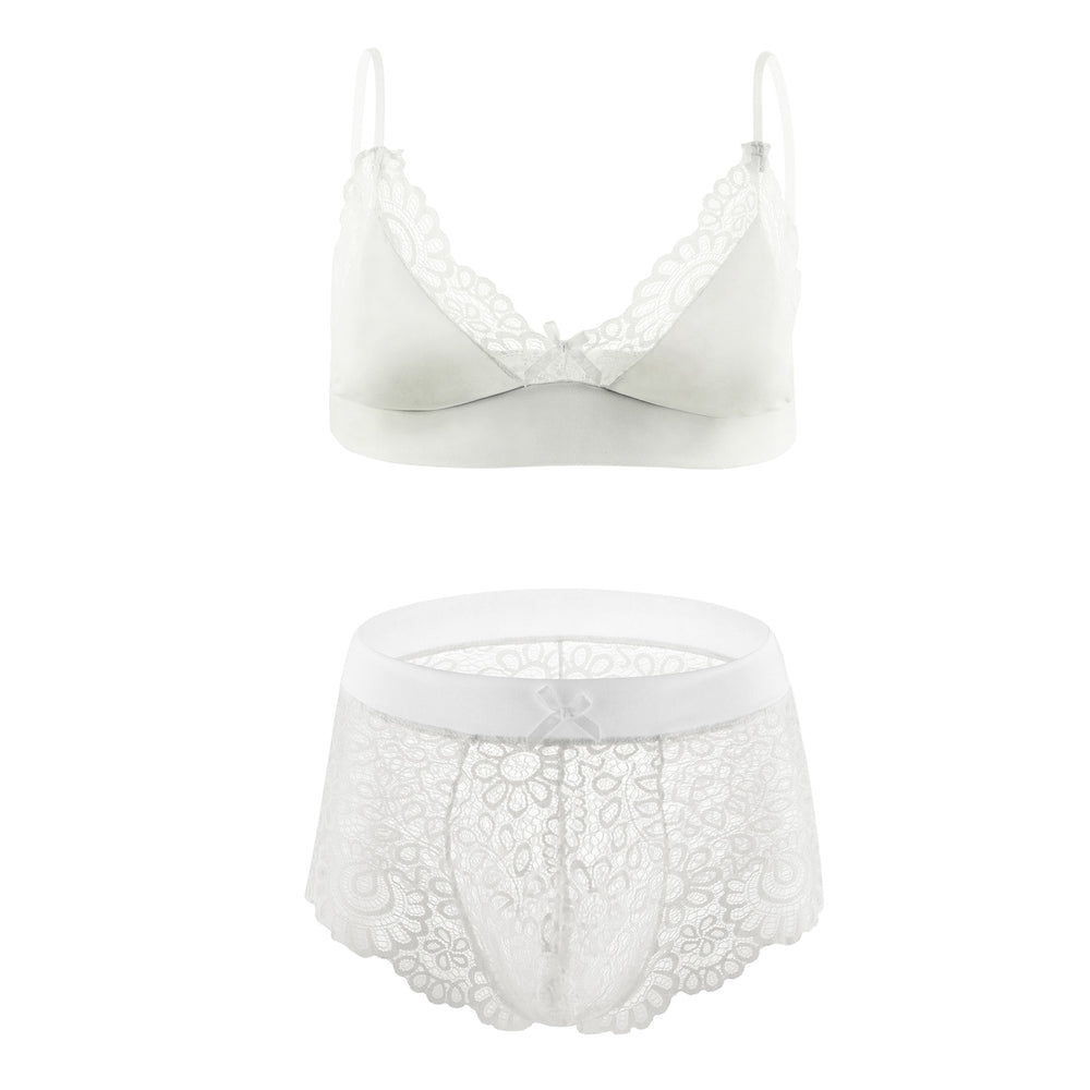 Front-view white lace lingerie set with a camisole bra and high-waisted briefs